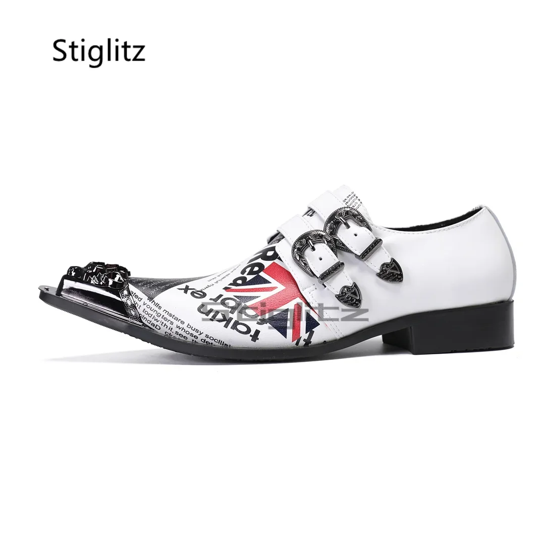 

Street Letter Genuine Leather Men's Shoes Metal Pointed Toe Slip On Shoes Double Buckle White Wedding Party Business Male Shoes