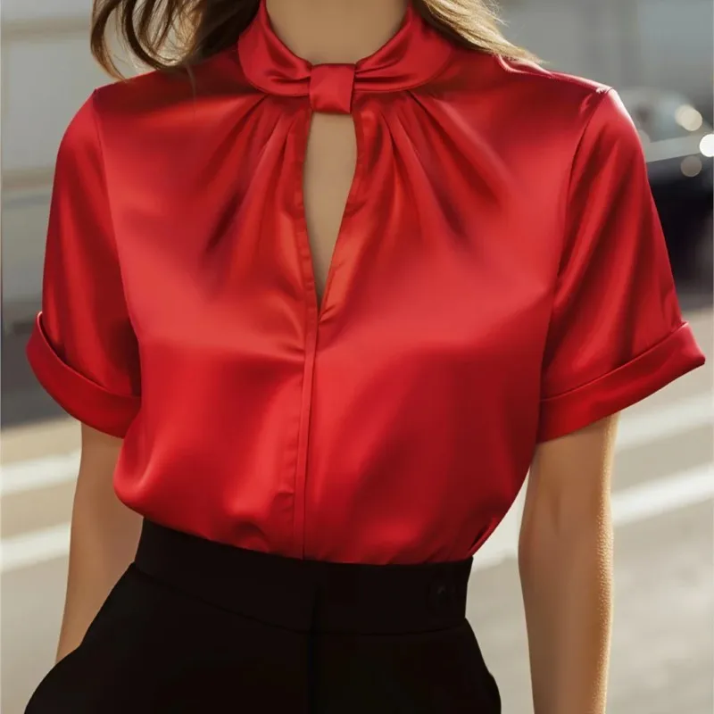 

Summer Stand Collar Short Sleeve Loose Blouse Women's Fashion Satin Hollow Out Red Shirts Elegant Office Lady Casual Tops