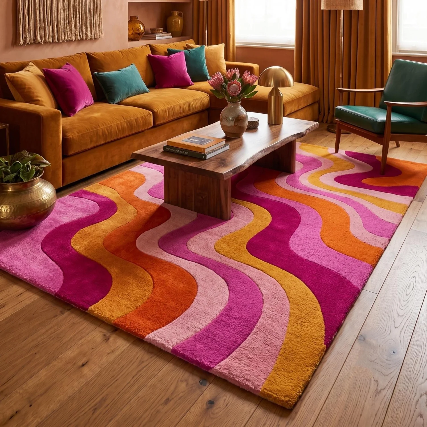 Room Decor Rug Magenta Orange Yellow Pink Retro Horizontal Wavy Strip Area Rug, Cozy Floor carpet, rugs for livingroom, rug for bedroom, Rectangle Floor Mat, Fits Boho Vintage Living Room, Warm 70s Co