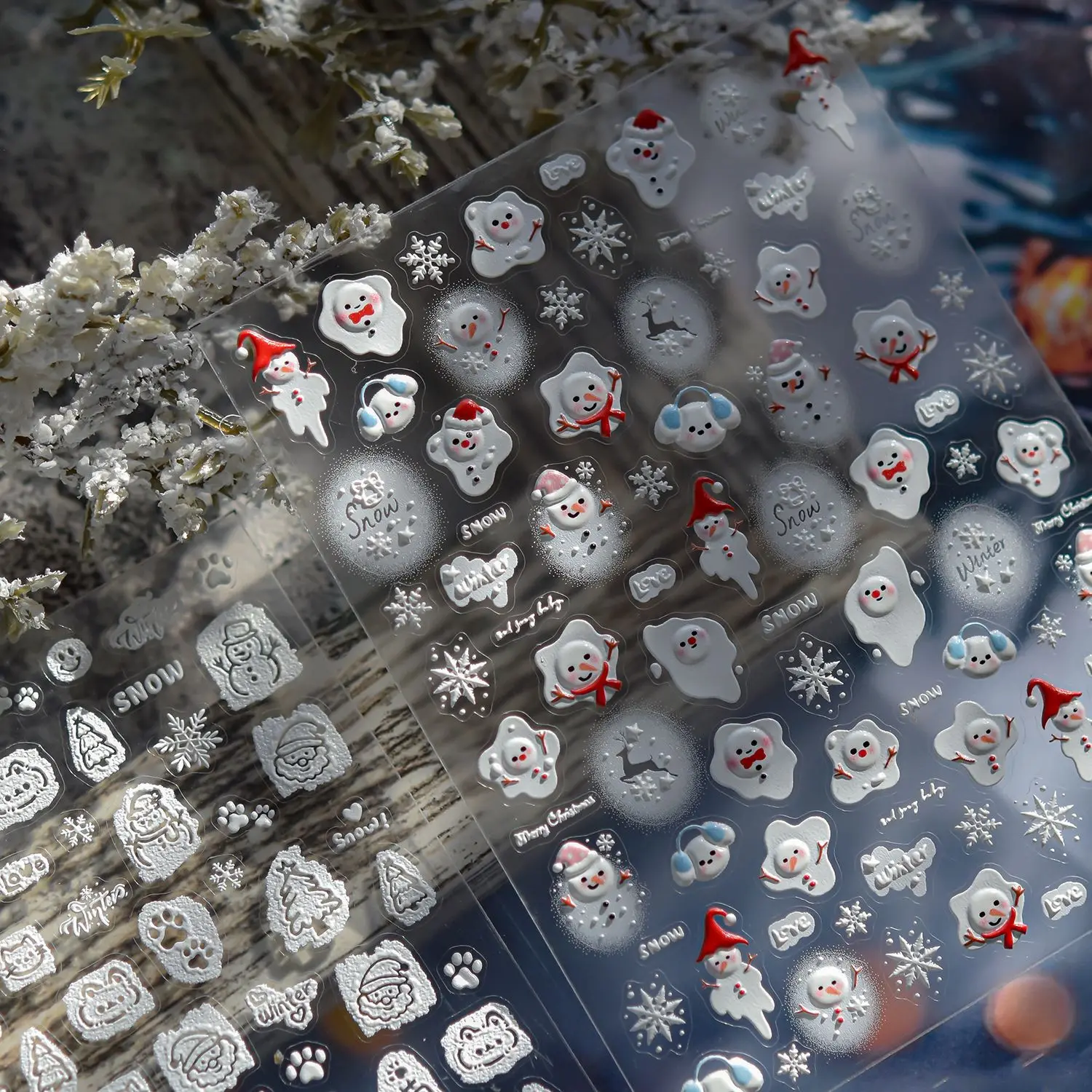 5D Embossed Mini Snowman Snow Nail Decorations Stickers Self Adhesive Nail Stickers Winter Christmas Nail Art Accessories Decals