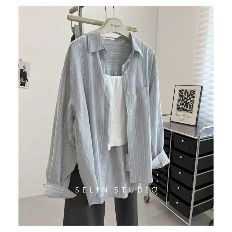 

Новый дизайн рубашки в полоску из хлопка и льна, тонкий синий свободный топ, солнцезащитная повседневная куртка, универсальный кардиган