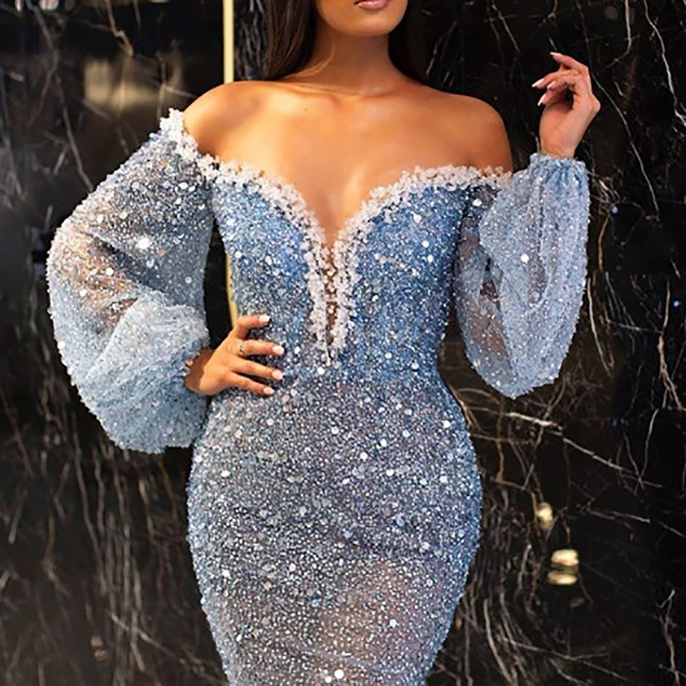 

Women Luxury Sequin Evening Dress Sexy Off Shoulder Puff Sleeve Slim Waist See-through Fishtail Dress Party Wedding Maxi Dresses