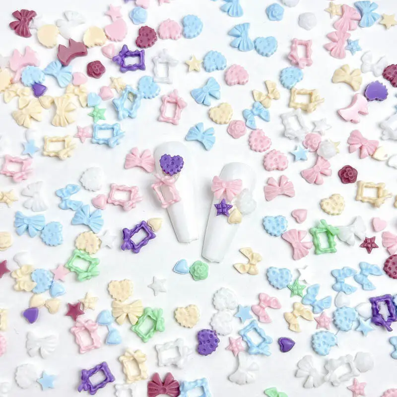 50PCS 3D Macaron Heart Bow Nail Charms Resin Butterfly Flowers Nail Art Decoration Accessories for DIY Manicure Crafts