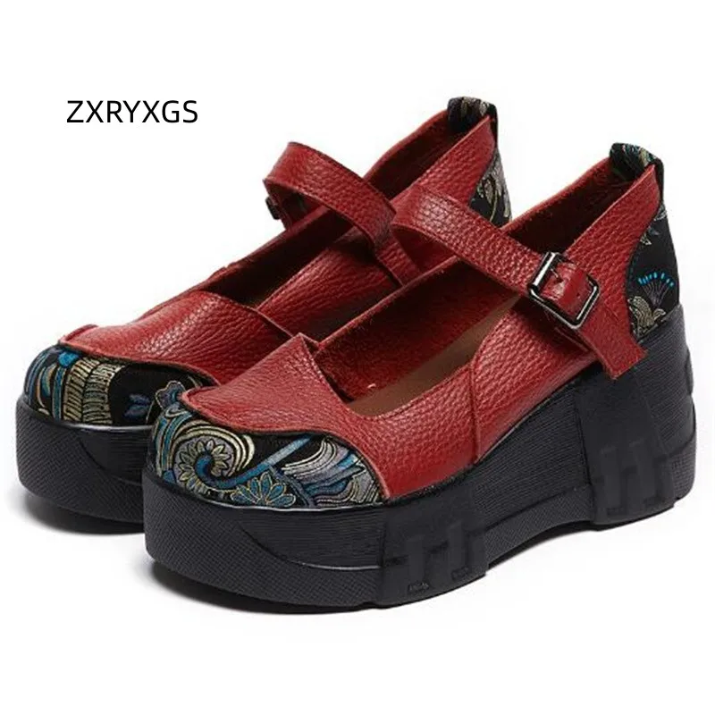 ZXRYXGS Superior Real Leather Flowers Women Fashionable Shoes 2024 Spell Color Elegant Comfort Platform Wedges Shoes High Heels