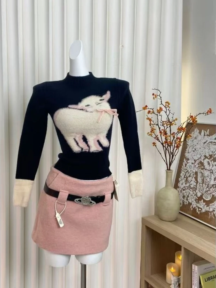 

Winter Korean Sweet Slim Two Piece Set Woman's Fashion Long Sleeve Knitted Sweater Tops + Wool Blends Pink Mini Skirt Outfits