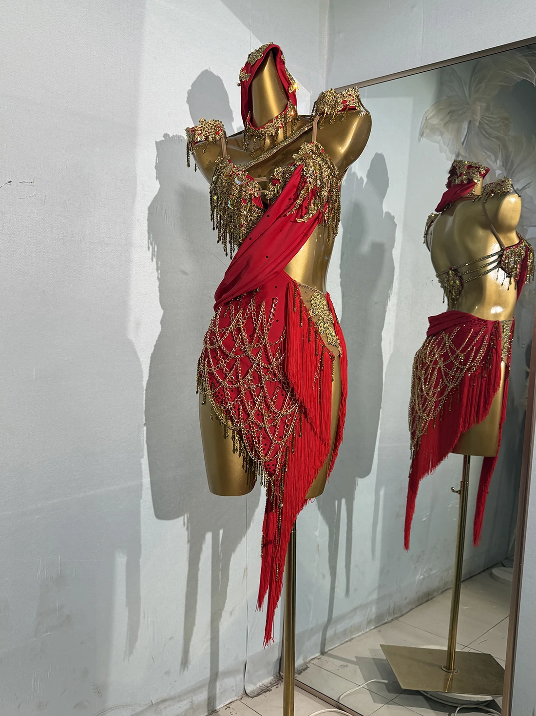 

Latin Dance Costume Diamond Female Adult Children High end Customized Gold Pendant Dress Samba Performance Dress