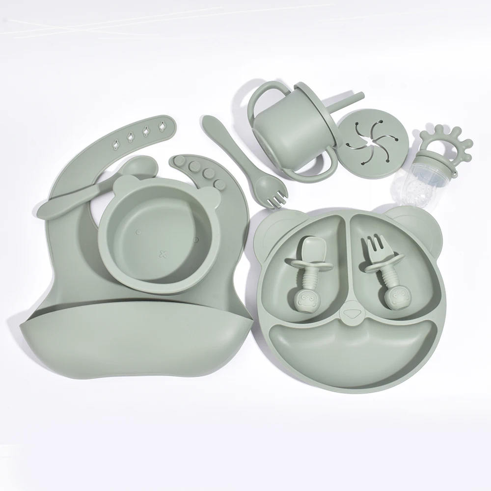 10pcs Children's Silicone Dinner Plate Set Strong Suction Anti-Fall Children's Eating Training Bowl Fork Spoon Feeding Tableware