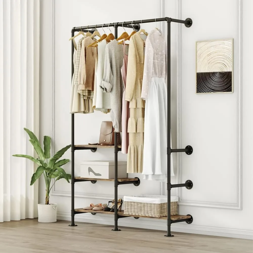 

Industrial Pipe Clothing Rack with Shelves, Wall Mounted Garment Rack, Heavy Duty Choset Clothes Rack for Indoor Bedroom and as