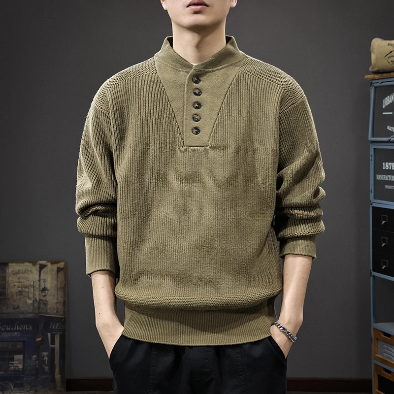 

American Military Sle Men's Long Sve Knitted Sweater Henry Collar Base Layer Faionable Retro Winter Casual Wear
