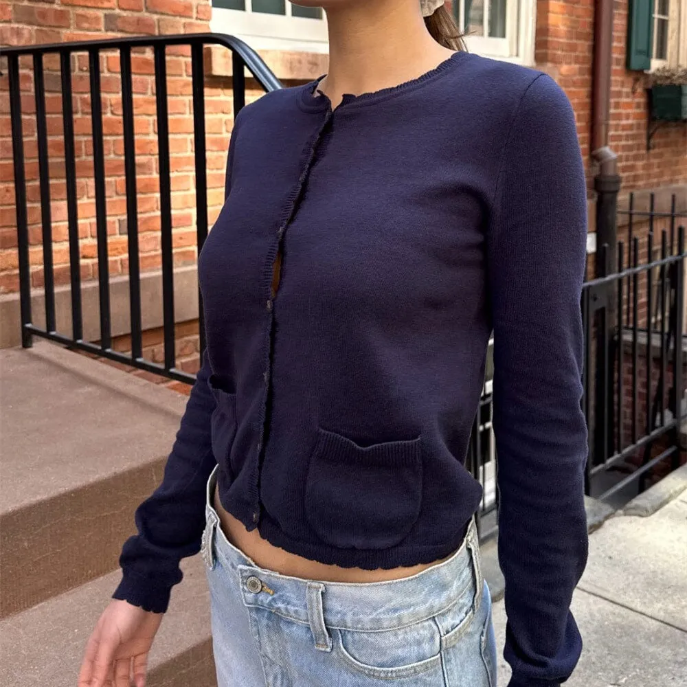 

Autumn Spring Single Breasted Long Sleeve Crop Tops Y2k Cute Knitted Cardigan with Pockets 2000s Preppy Vintage Slim Fit Sweater