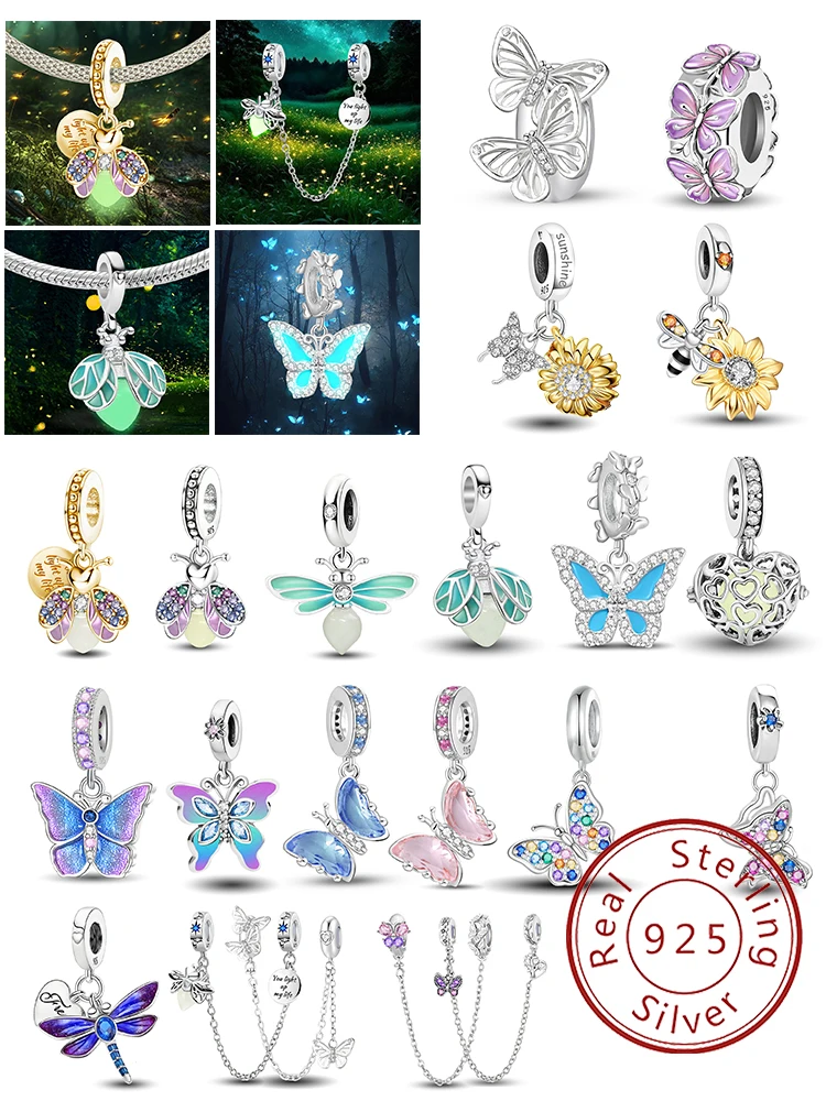 Charms aus 925er-Sterlingsilber mit fluoreszierenden Libellen und Bienen, Perlen für DIY-Armbänder, Halsketten, Geschenk mit hochwertigem Schmuck