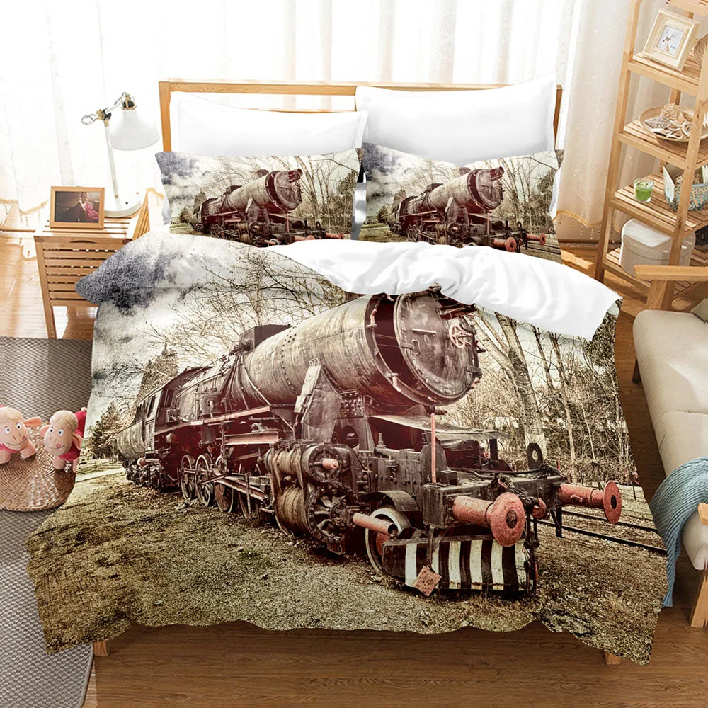 Steam Engine Duvet Cover Set Vintage Locomotive Bedding Set Kids Teens Boy Comforter Cover Set Decorative Quilt Cover&Pillowcase