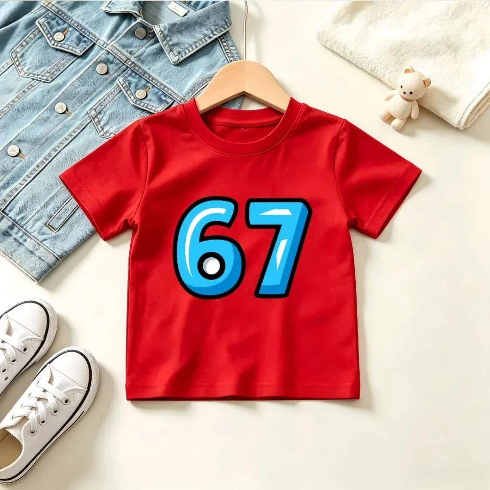 Kid Short Sleeve T Shirt Cool Bright Blue 3D Style Number 67 Graphic Print O-Neck Tee Trendy Simple Design Boys Girls Casual Top
