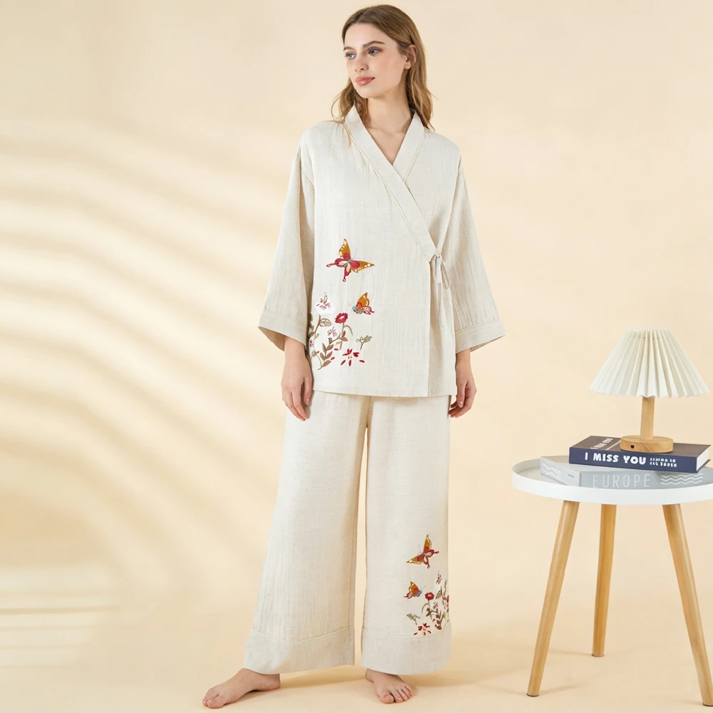 

Новая женская пижама в китайском стиле из лиоцелла, хлопка и льна, весна-осень, с длинными рукавами, вышивкой, домашняя одежда, кимоно-пижама