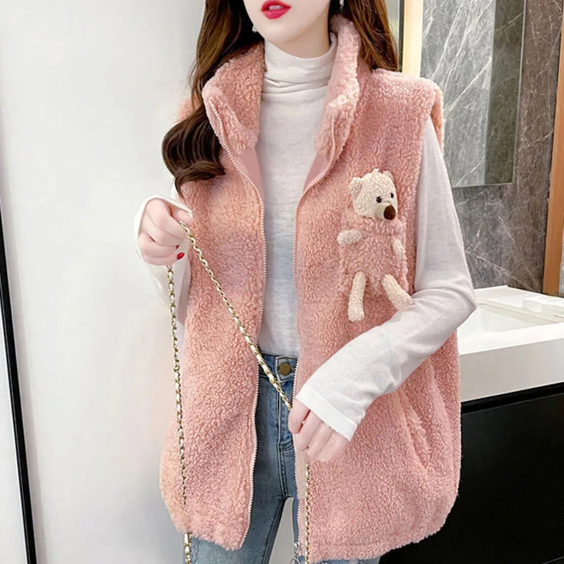 Winter Women Loose Lamb Wool Vests Three-Dimensional Bear Fashion Elegant Korean Coat Lady Casual Thicken Warm Sleeveless Coat