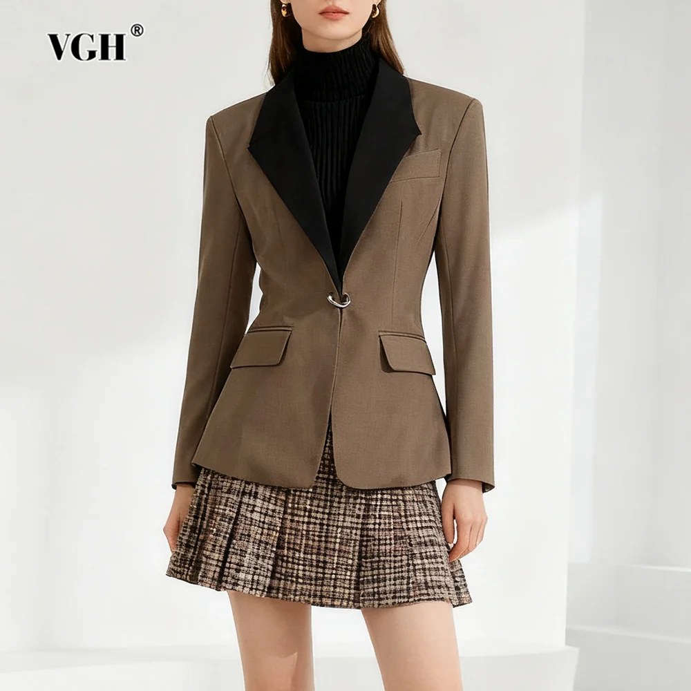

VGH Casual Slimming Hit Color Blazers For Women Lapel Long Sleeve Spliced Button Autumn Temperament Commute Jackets for Women