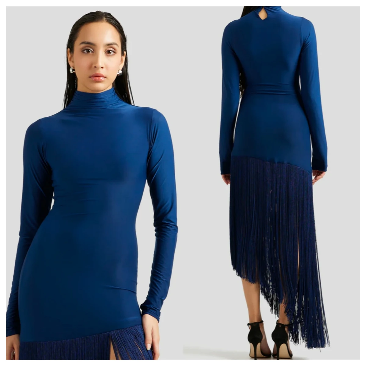 

Customized Classic Navy Blue Jersey Evening Dress High Collar Tassel Bespoke Occasion Gowns Delicate Homecoming Dress