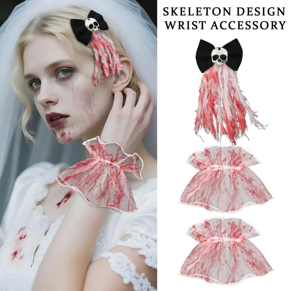 Halloween Blood Mesh Short Fingerless Wrist Gloves Spooky Skull Bow Hairpins for Halloween Masquerade Cosplay Party