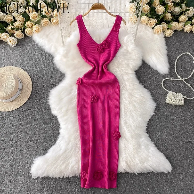 

OCEANLOVE Vestidos Mujer 3D Flowers Solid Knitted Vintage Spring Summer Women Dresses V Neck Korean Fashion Sexy Long Dress