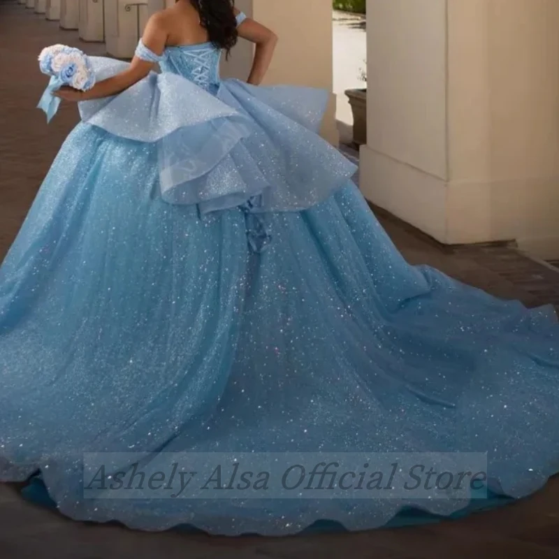 AN27 gaun Prom biru langit kustom 2025 gaun pesta ulang tahun anak perempuan 16th manis berpayet bahu terbuka Vestido 15 Quinceanera