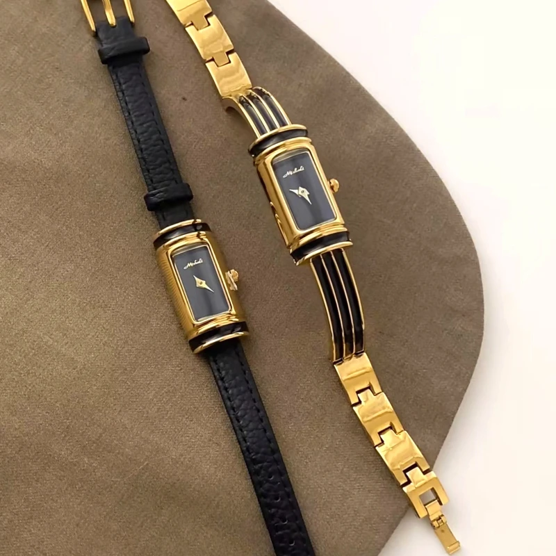 New Macaron-Colored Long Oval Gold Bar Women's Quartz Watch Retro-Chic Niche Gift Luxury Design Premium Style Watches