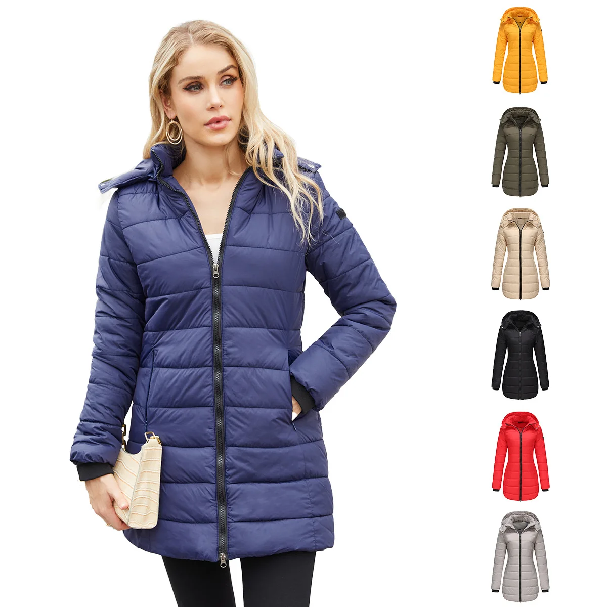

Waterproof Jaet Long Sve Warm Detachable Cap Cotton Coat Fem Commuter Sle Loose Fit Zipper Closure Color