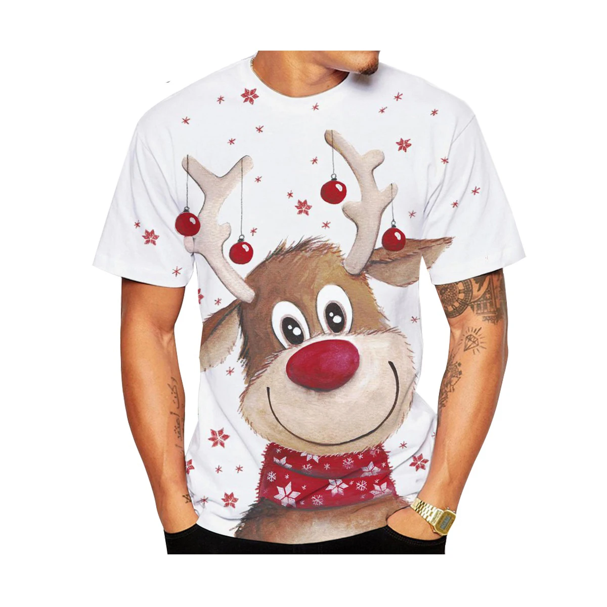 Fashion Men's and Women's 3D Christmas Elk Printed T-shirt Funny Tops Novelty Christmas Short Sleeve Size