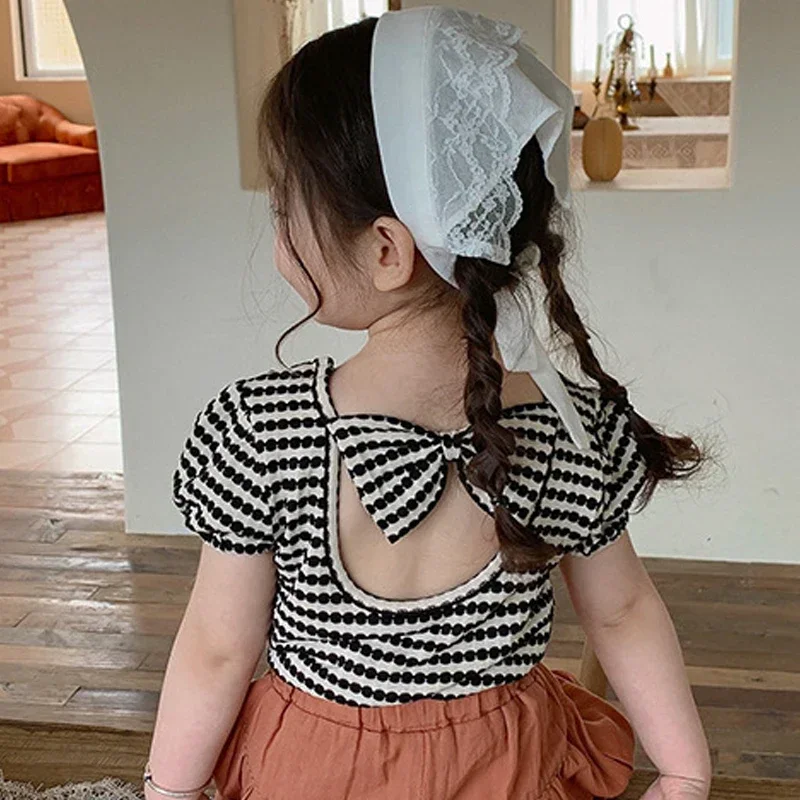 2024 Summer Baby Girls T-shirts Kids Girl Striped Puff Short-sleeve Tops Fashion Bowknot Backless Children Clothing Toddler Tees