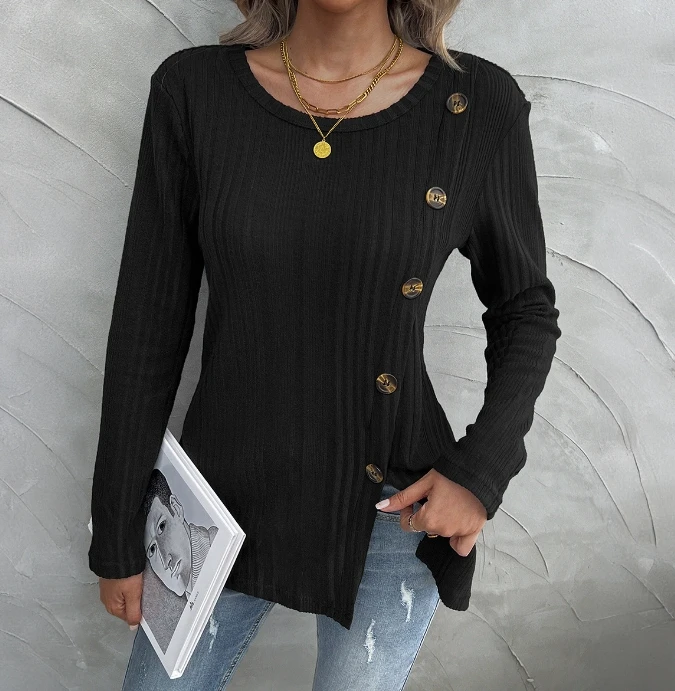 

Women's Casual Round Neck Slit Button Long Sleeved Top Temperament Commuting Autumn New Fashion Female Solid Elegant Pullover