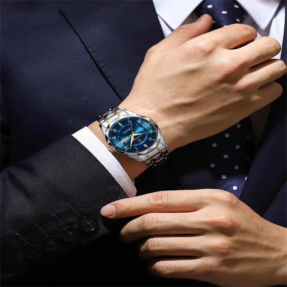 POEDAGAR トップブランド 高級メンズ腕時計 防水 夜光 日付 曜日表示 ステンレススチール クォーツ メンズウォッチ 男性用時計