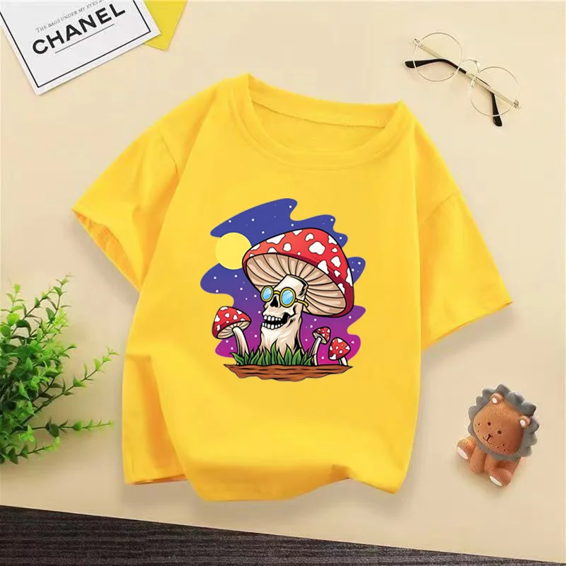 Kids Skull Mushroom Print T-shirt, Cute Trippy Cartoon Graphic Short Sleeve Cotton Casual Tee for Boys Girls Daily WX103