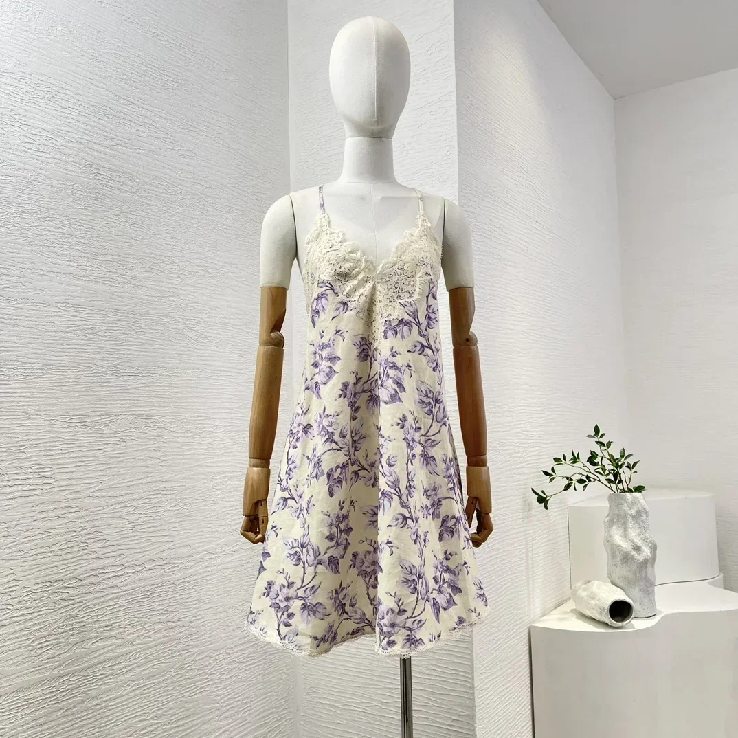 

New Arrivals Summer Linen Violet Purple Lilac Flower Print Lace Patchwork Sleeveless Backless Cross Straps Women Mini Dress