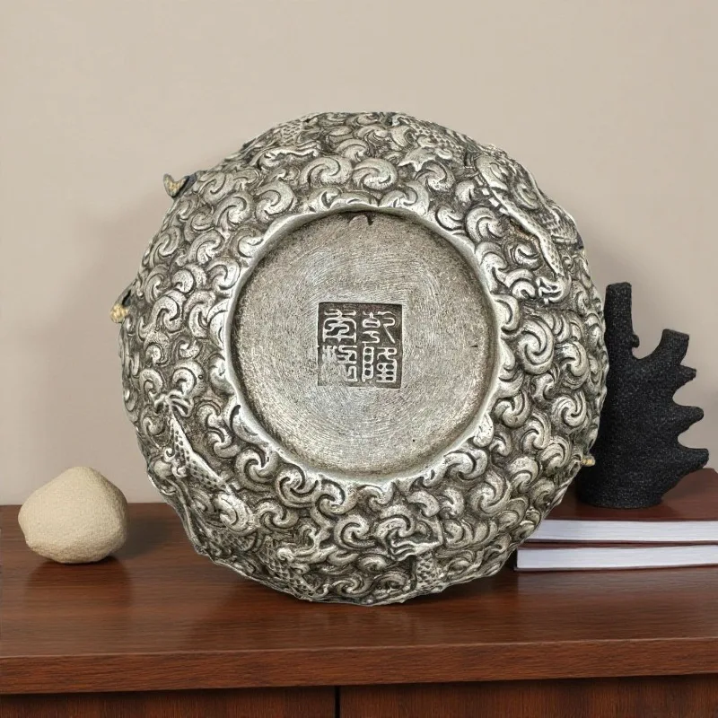 Oriental Dragon Relief Bowl Unisex Vintage Silver Tone Metal Craft Feng Shui Wealth Basin Desktop Collectible Home Decor Gift