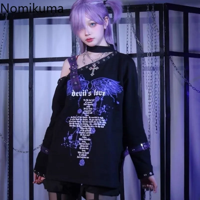 Y2k Tops Harajuku Punk Hoodies Women Streetwear Harajuku Japanese Sweatshirts Casual Chic Off Shoulder Hoodie Clothes for Teens