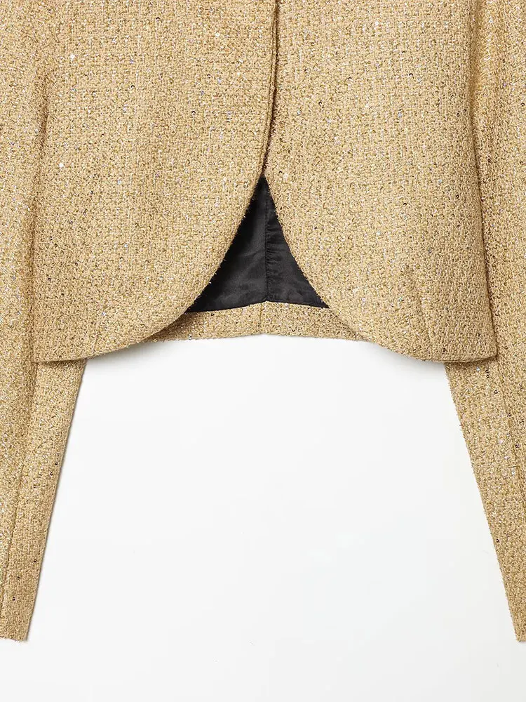 NLZGMSJ سترات نسائية أنيقة غير رسمية عتيقة مع ترتر أزرق سادة ورقبة دائرية معاطف قصيرة موضة جديدة لخريف 2025 سترات أنيقة للعطلات #5