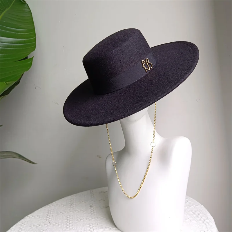 Women's Fedora Hat 9.5cm Punk Style Winter Black Flat Top Letter Elastic Band Men and Women Hat Fedora кепка женская