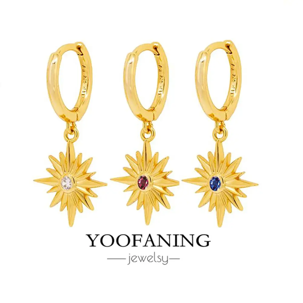 925 Sterling Silver Ear Needle Simple Classic Gold Silver Hoop Earrings The Sun Shaped Pendant Retro Earring for Women Jewelry