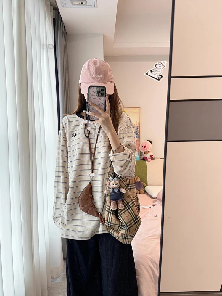 Amerykańska koszulka z długim rękawem, z haftem w paski, damska, wiosenno-jesienna, luźna, do noszenia pod spód, bazowa, bawełna 100%.