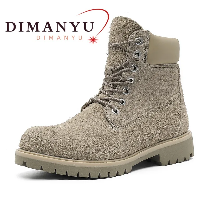 DIMANYU Men's Genuine Leather Suede Combat Boots Lace‑Up  Large Size Man Ankle Boots Vintage Anti‑Slip Platform Boots Men 