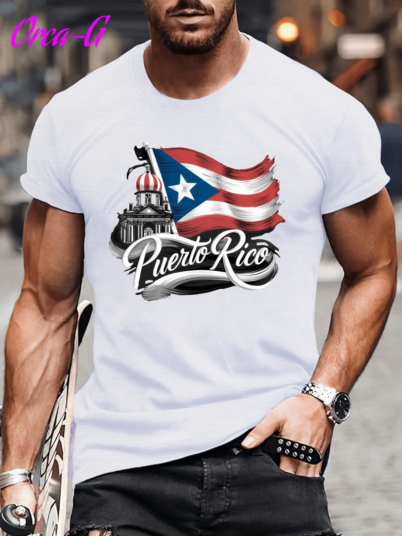 Men'S Plus Size Puerto Rico Pride Flag T-Shirt by Orca Coatings - Features a 100% Design of Spain And Puerto Rico with Iconic Symbols, Made from Light Stretch Knitted Fabric