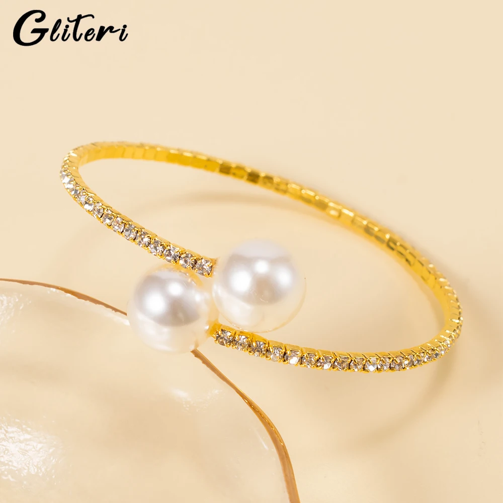 GEITERI Simple Shiny Pearl Zircon Open Bangles For Women Girls Gold Color Crystal Bracelets Fashion Jewelry Wedding Gifts 2023