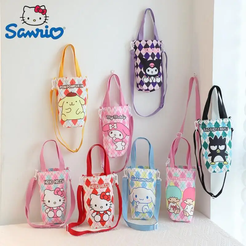 Kawaii Sanrio Hello Kitty Water Bottle Bag Cute Anime Figure Kuromi Pochacco Canvas Mug Bags Crossbody Tote Girls Gift Kids Toys