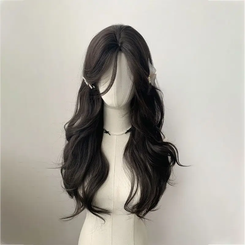 Long water Wave Wig Cold brown with Bangs cosplay Silky Wigs for Women Daily Party Natural Soft Synthetic Hair Heat Resistant 여장