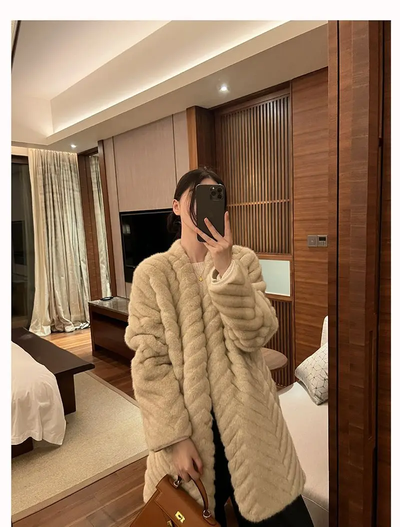 Faux Fur Elegant Coats Womens Raglan Knee Length Vacation Woman Korean Style Slim Cinched Waist Furs Minimalist White Bar Turn