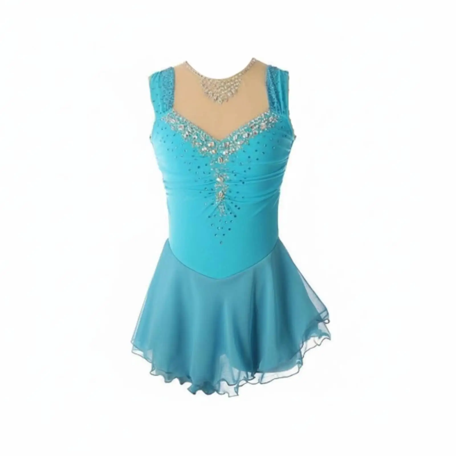 Rhinestone Figure Skating Dress for Kids Adults Sleeveless Ice Skating Costume Sparkly Layered Skirt for Training and