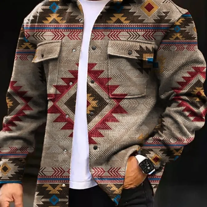 Fashionable Spring Autumn Men's Printed Casual Button Jacket Loose Fit Long Sleeve Thickened Fleece Collar Button up Coat