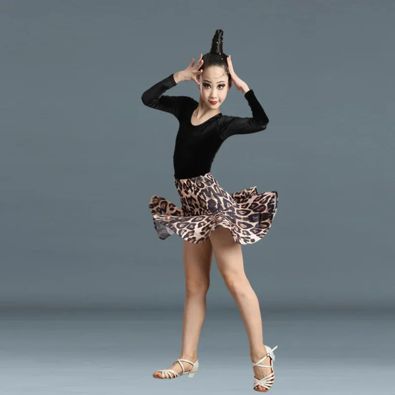 Latin dance children leopard print dress top skirt 2PCs set girls ballroom dancing dress ChaCha salsa tango rumba skirt oi6214