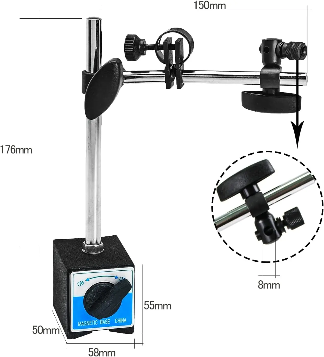 60kg Magnetic Dial Indicator Base Holder with Fine Adjustment Dial Test Indicator Long Arm 0-10mm Professional Gauge 0.01mm