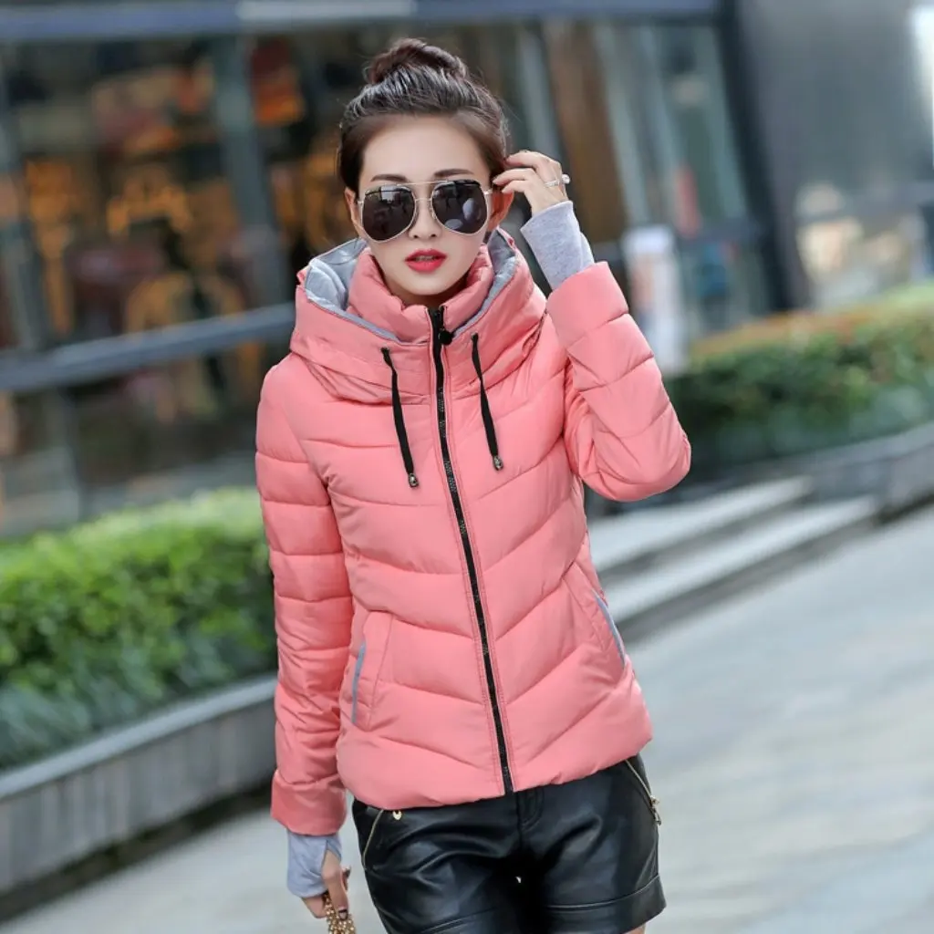 Women's down Cotton-Padded Jacket Short Stand Collar Thickened European American Style New Coat with Gloves
