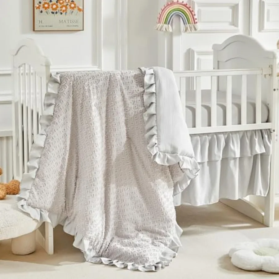 

3 Pieces Tufted Crib Bedding Set with Ruffle Fringe Ruffled Comforter with Fitted Sheet and Bed Skirt Soft and Embroidery Shabb